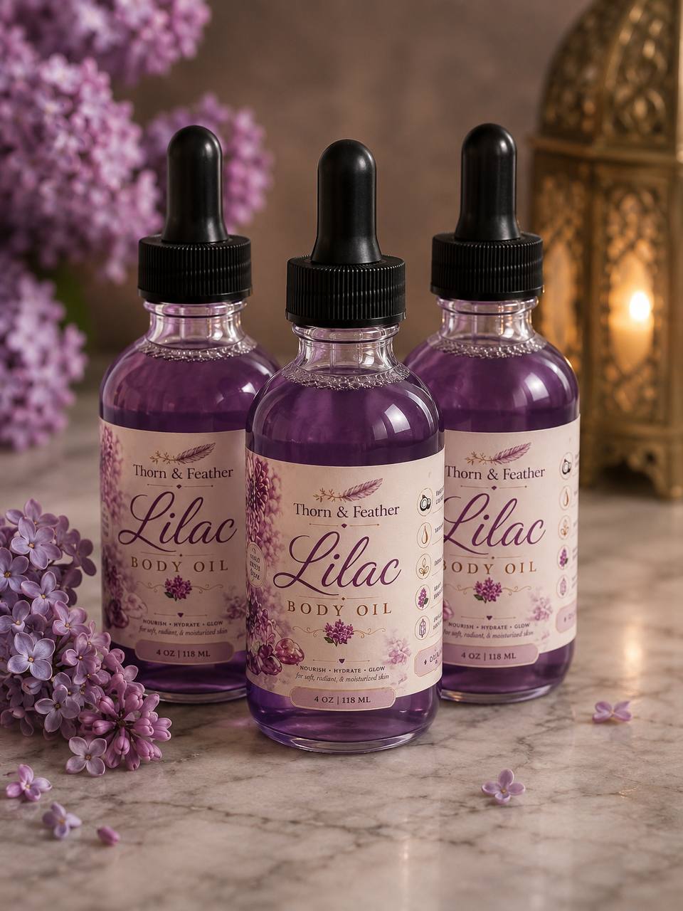 Lilac body oils by Thorn and Feather
